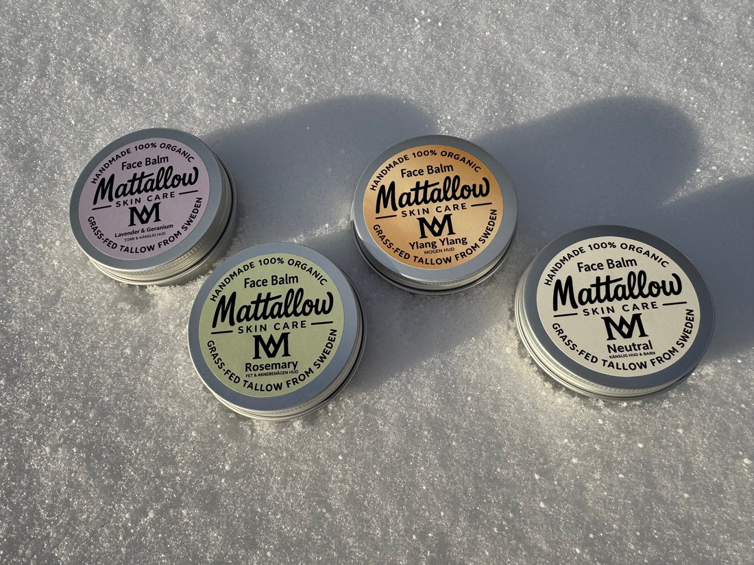 Ekologisk tallow ansiktsbalsam från Mattallow - fyra varianter för olika hudtyper: Lavendel Geranium, Ylang Ylang, Rosmarin och Neutral