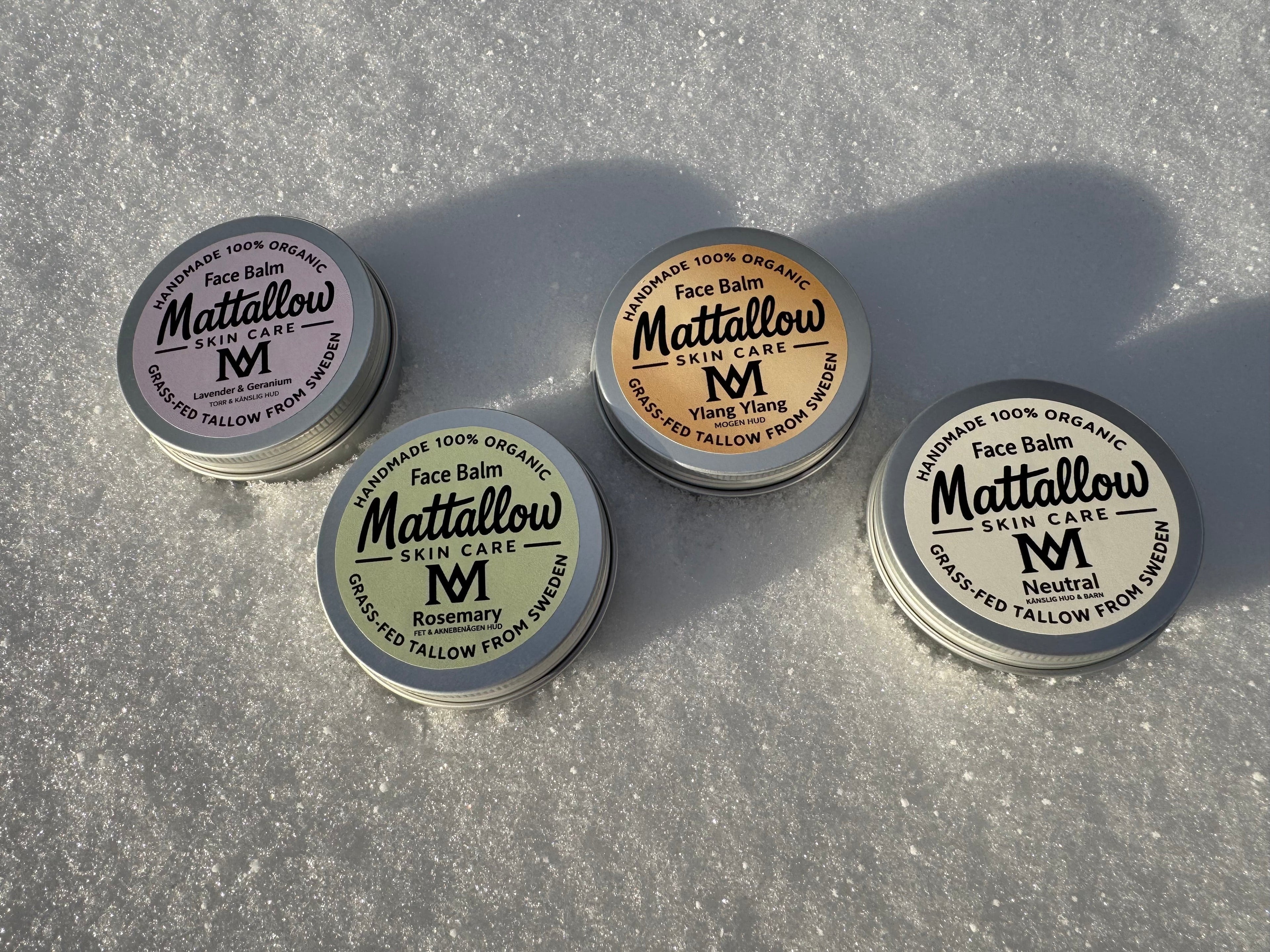 Ekologisk tallow ansiktsbalsam från Mattallow - fyra varianter för olika hudtyper: Lavendel Geranium, Ylang Ylang, Rosmarin och Neutral