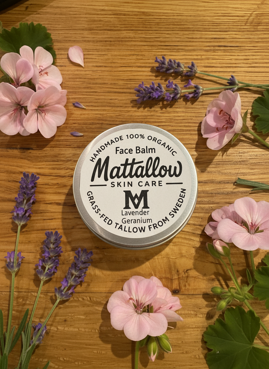 Ekologisk Face Tallow Balm med lavendel och geranium i aluminiumburk, 60ml, med lavendel och geraniumblommor, handgjord ansiktsvård